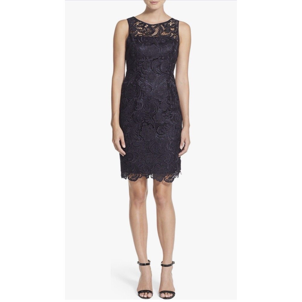 Adrianna Papell Illusion Bodice Lace Sleeveless Sheath Dress Navy Blue Womens 12